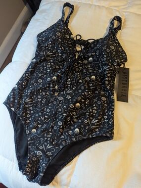 Disturbia Black Floral & Skull Lace-Up One-Piece Swimsuit